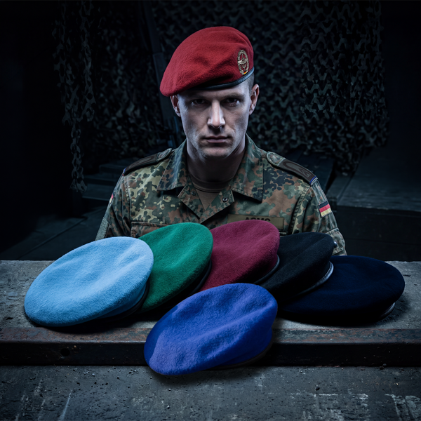 Ein rotes Barett mit Abzeichen, getragen von einem Soldaten, sowie mehrere Baretts in verschiedenen Farben, die auf einem Tisch liegen.